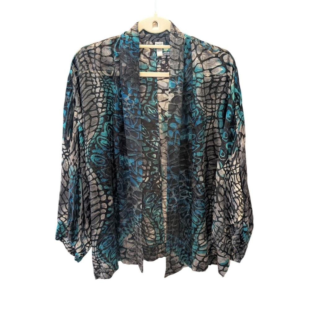 Chicos Silk Jacket Burnout Kimono Teal Blue Abstract Animal Print Sz M/L